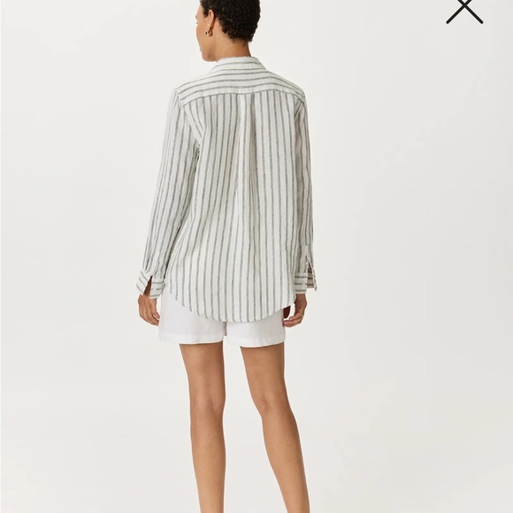 QUINCE XS European Linen Button Up Shirt Top Oatmeal Black Stripe Collar - Picture 4 of 9